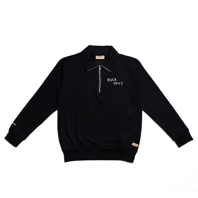 DUCK YOU HALF ZIP SWEATER // BLACK
